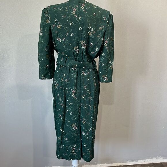 Vintage 1990s S.L. Petites Green Floral A-Line Dress with Belt - Picture 5 of 11